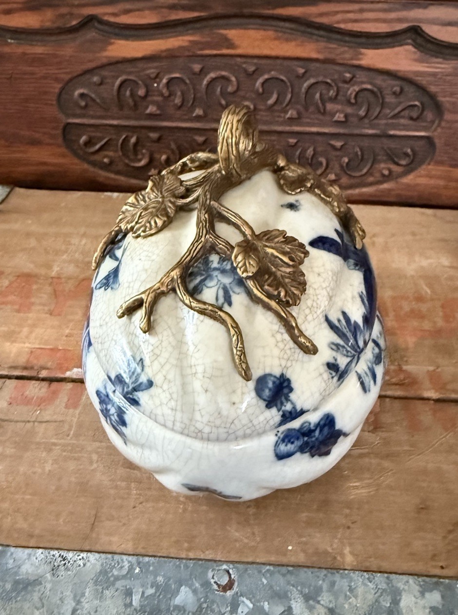Vintage United Wilson Porcelain Lidded Bowl Blue & White w/ Brass Detailing