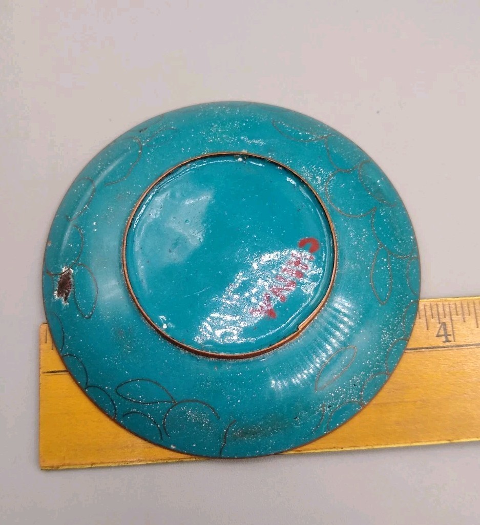 2 Vintage Chinese Cloisonné Enamel Dishes floral and landscape scene 3.75”