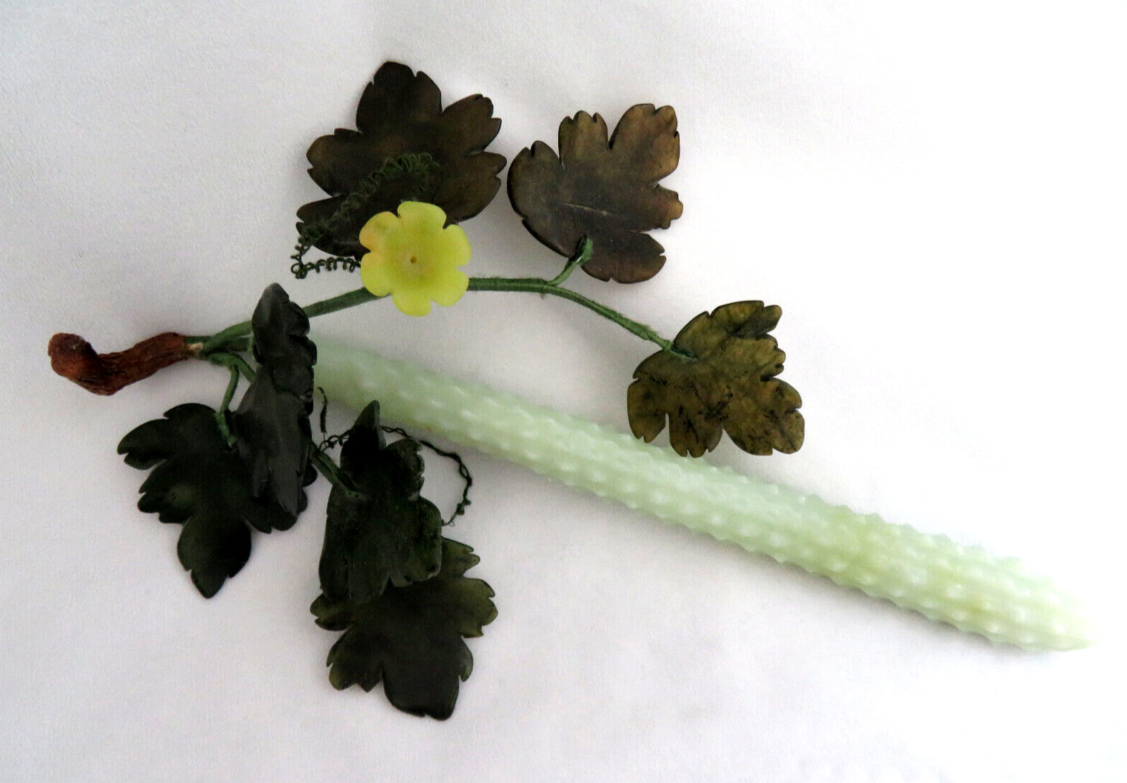 RARE Chinese Green Jade Gemstone Prickly Cucumber & Leaves Sculpture 11″ Long