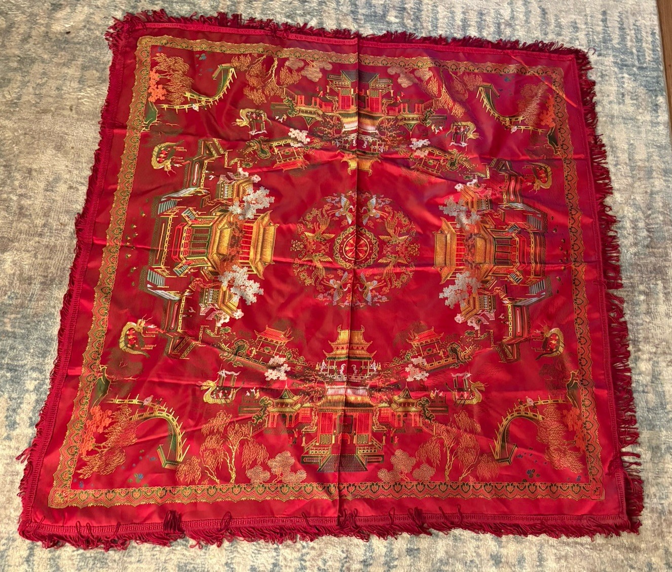 Vintage Brocaded Flowers Chinese Silk Tapestry Table Cloth 38” X 38”