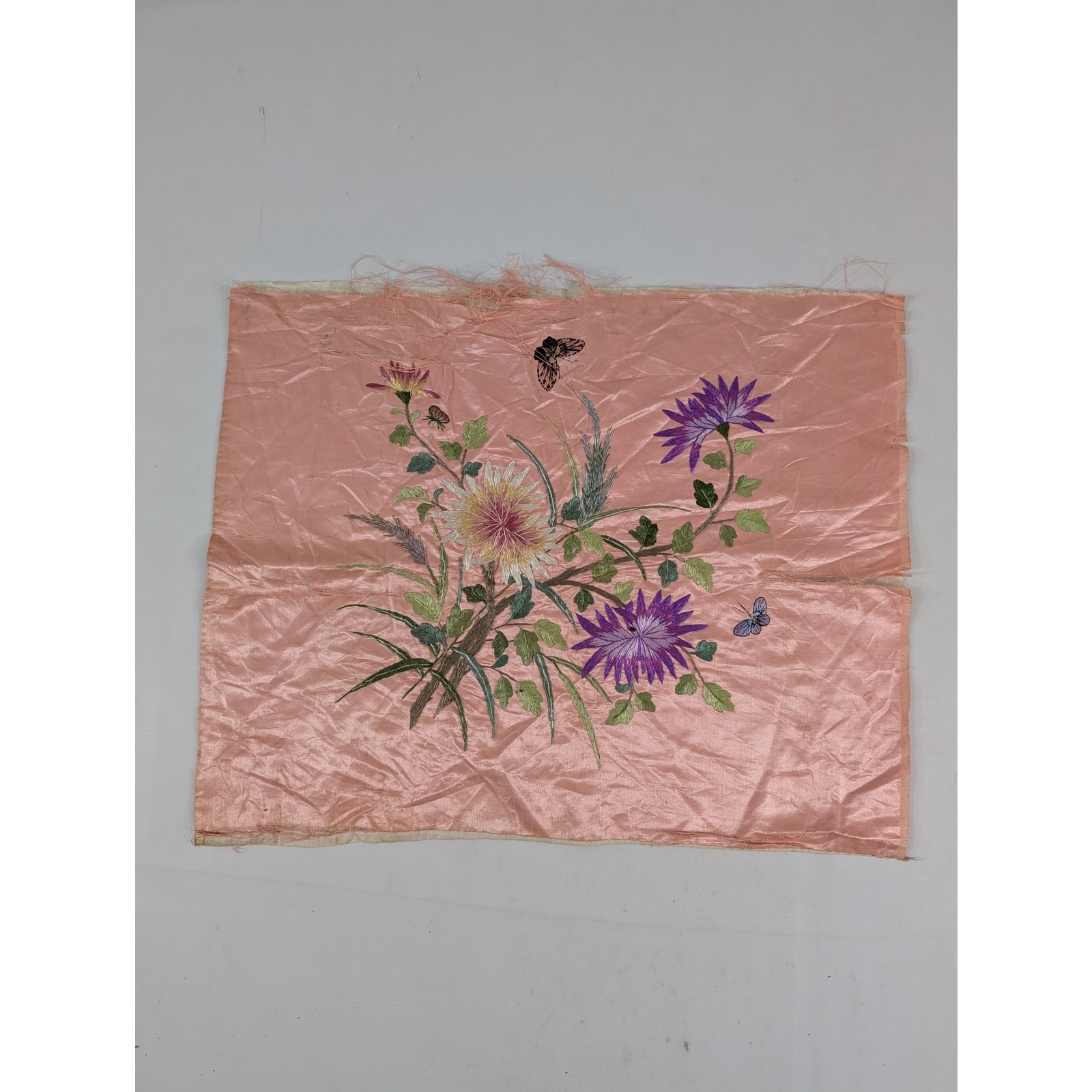 Vintage Chinese Hand Embroidered Floral & Butterfly Silk Textile 23x18in