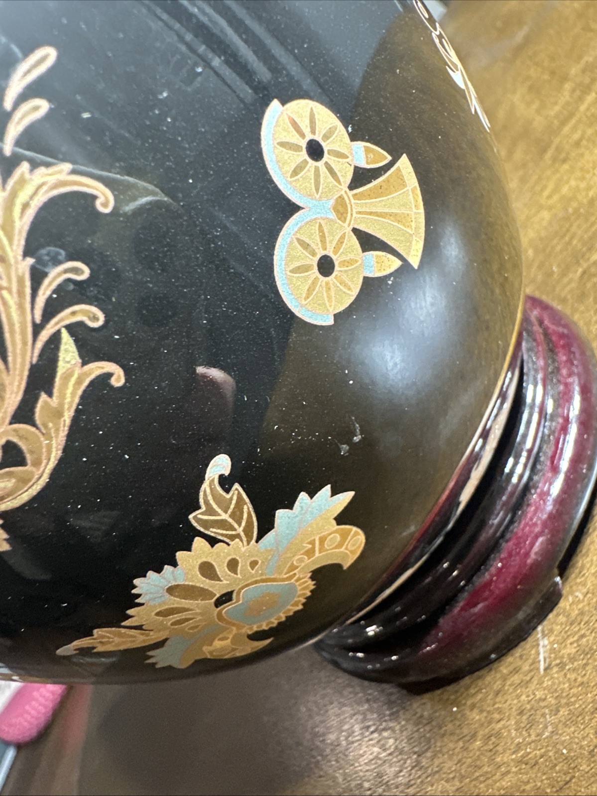Vintage Large Satsuma Chinese Porcelain Egg Black Gold Moriage Bird Floral 9.5″