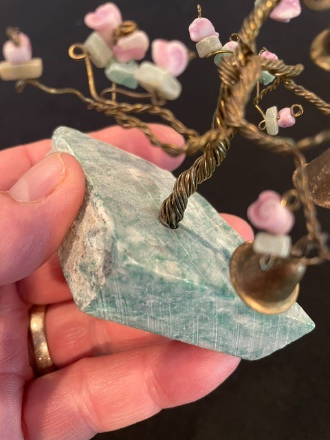 VNT Copper Wire Bonsai Tree with Brass Bells + Stone Blossoms on Quartz Base 4X3