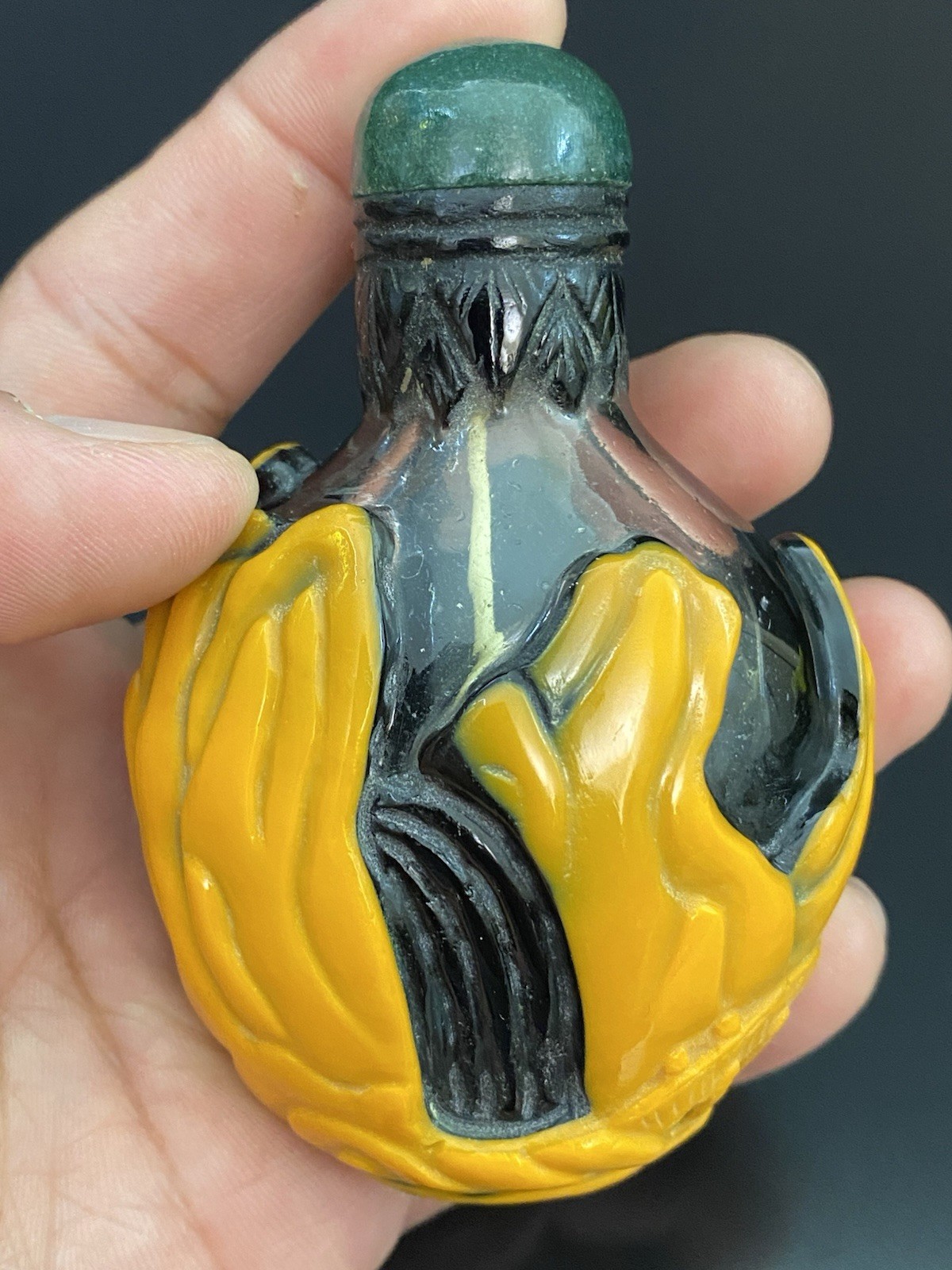 Antique Chinese Black Peking Glass Orange Overlay Snuff Bottle Jade Top