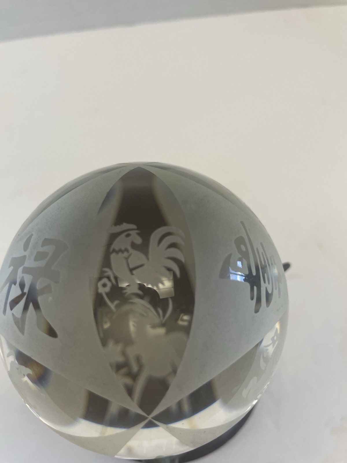 Chinese Zodiac New Year Etched Crystal Ball W Vintage Brass Unicorn Stand