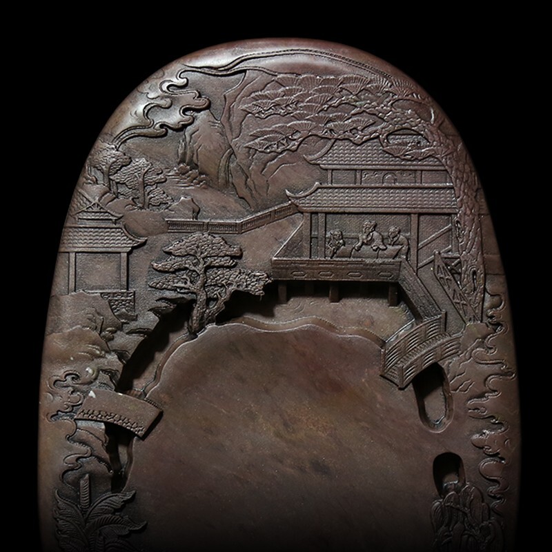 8″China Natural Original Stone Hand-carved House Figure Scenery Inkstone Inkslab