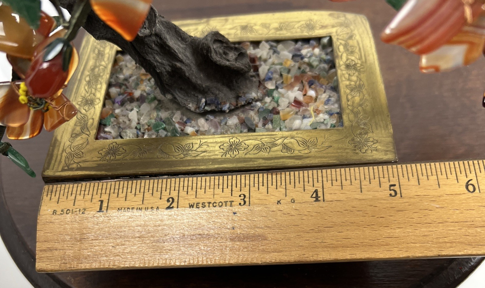 Vintage Carved Jade Tree Bonsai Flowers Brass Pot Agate Carnelian Fall Colors