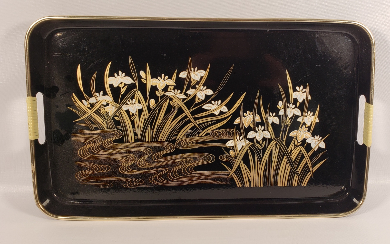 Tray Japan Floral Japanese Black Lacquer Plastic 18×11″ Handles Large A22
