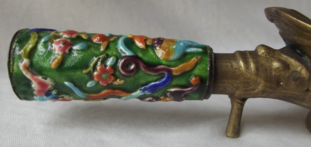 AUTHENTIC ANTIQUE CHINESE BRONZE & ENAMEL DRAGON SILK PAN IRON
