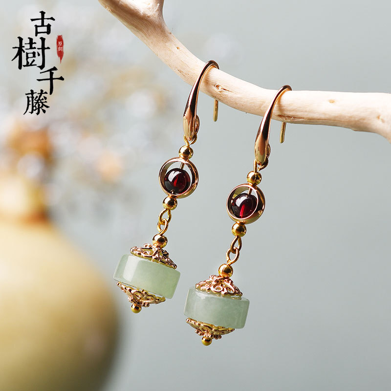 China Dongling Jade/Garnet/Alloy Tibetan Style Exquisite Earbob Earrings