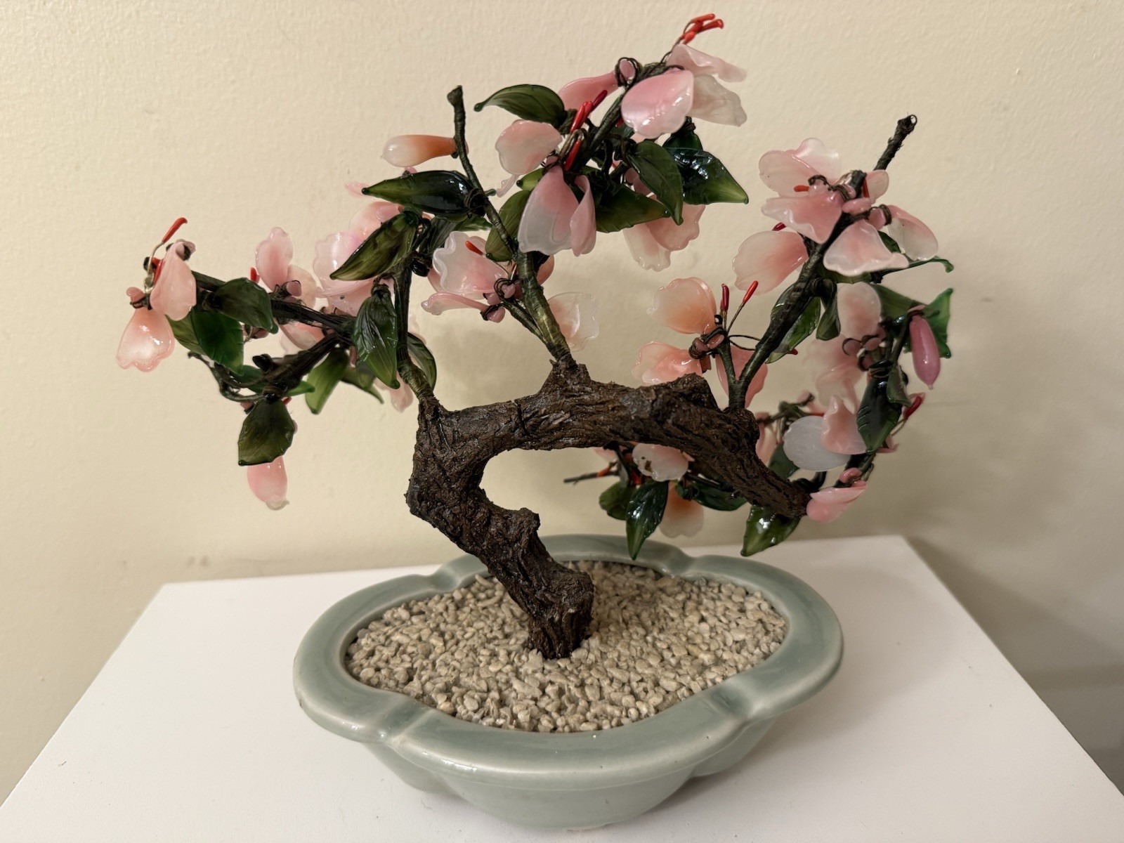 Vtg Asian Jade Glass Flowering Pink Cherry Blossom Bonsai Tree Ceramic Pot 8×9”