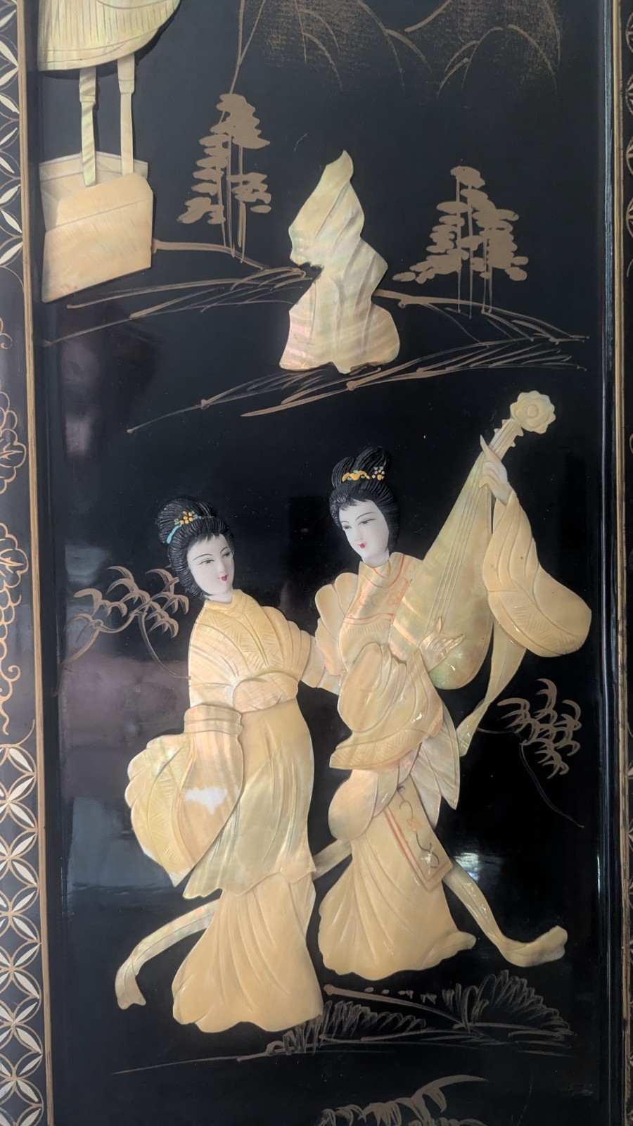 Vintage Asian Black Lacquer Mother of Pearl Geisha Wood Wall Panels- Set of 2