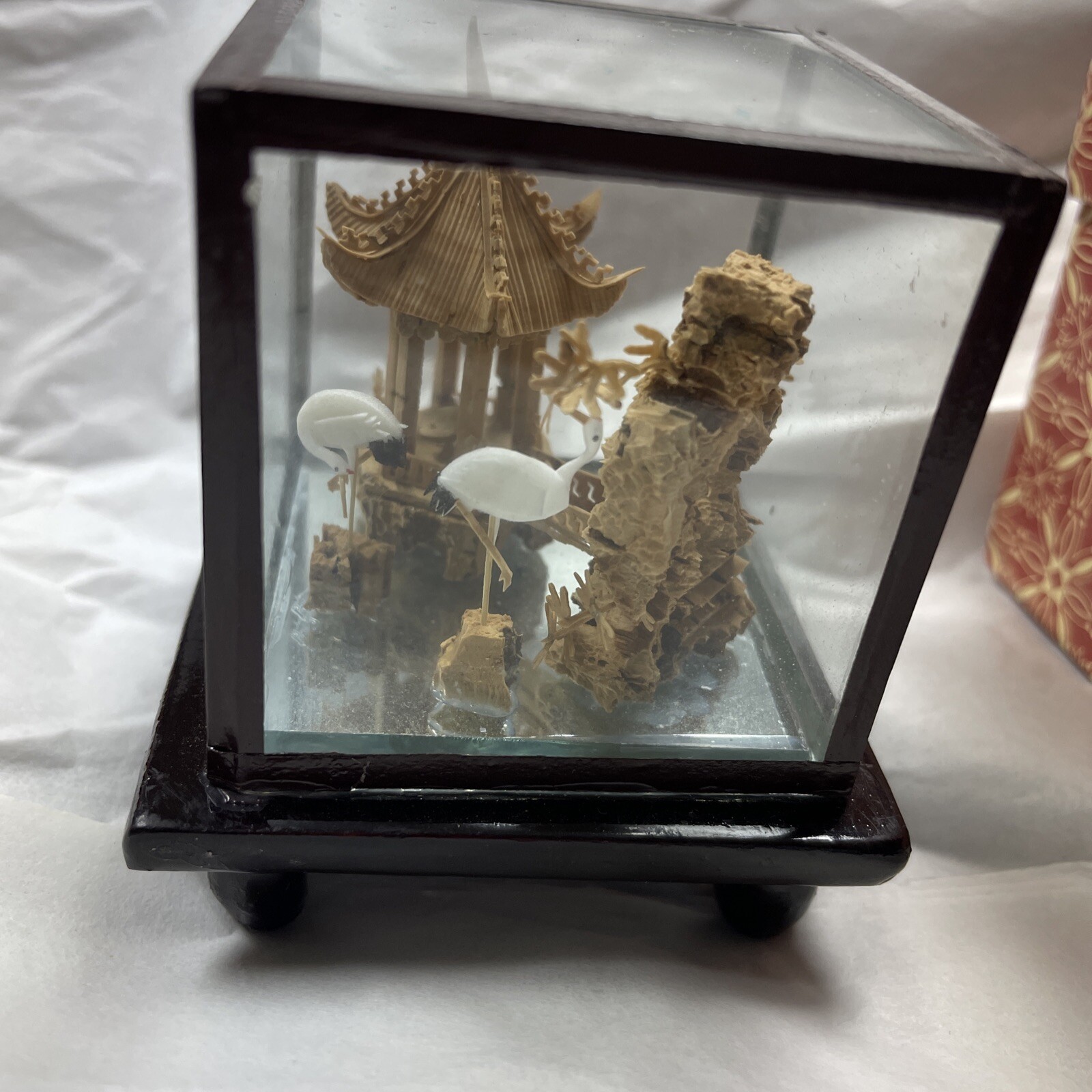 Vintage Chinese Micro Wood/Cork Carving Pagoda Trees Arbor Cranes/Original Box