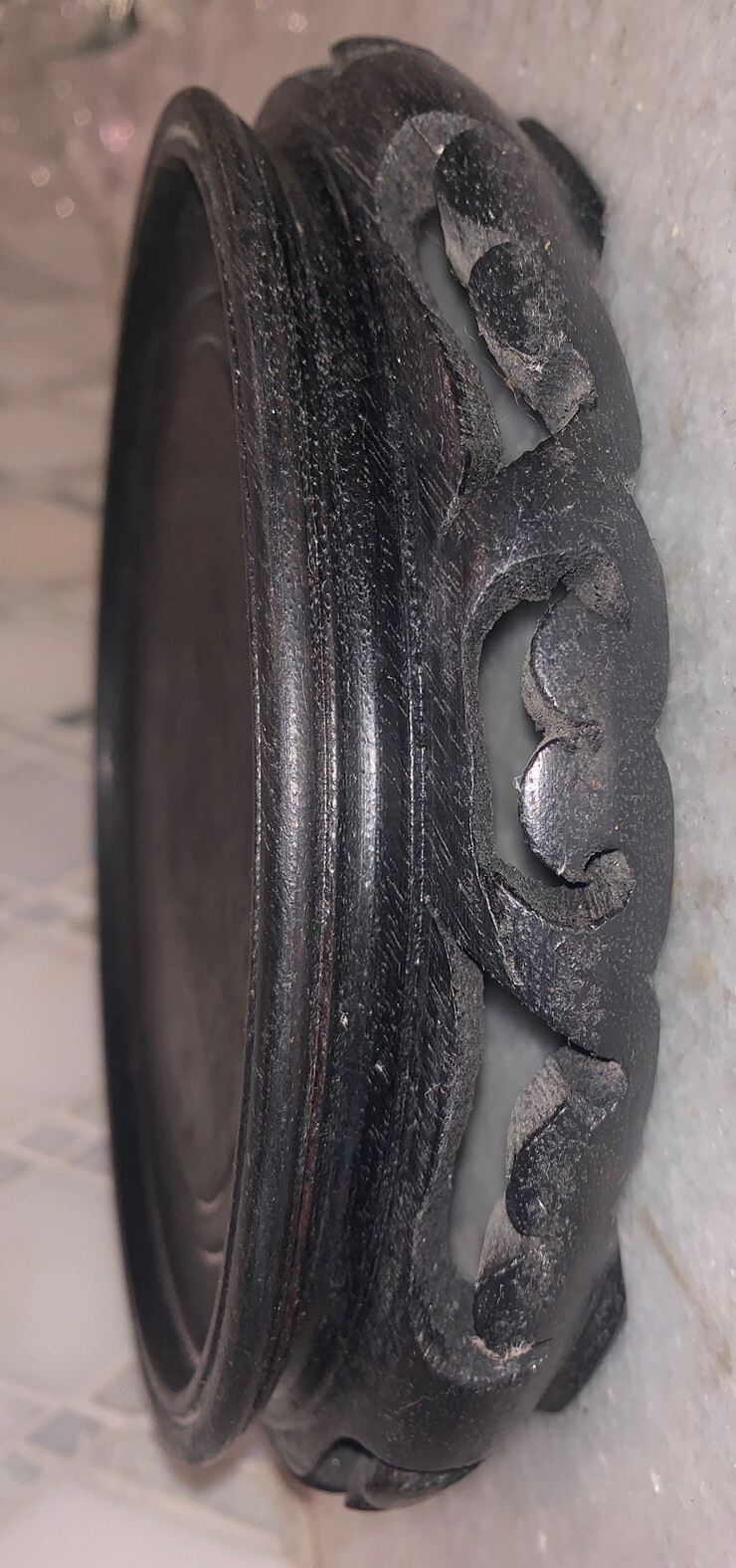 Vintage Pair Chinese Carved Black Display Stands 4 5/8”Diam 3.25” VaseBase