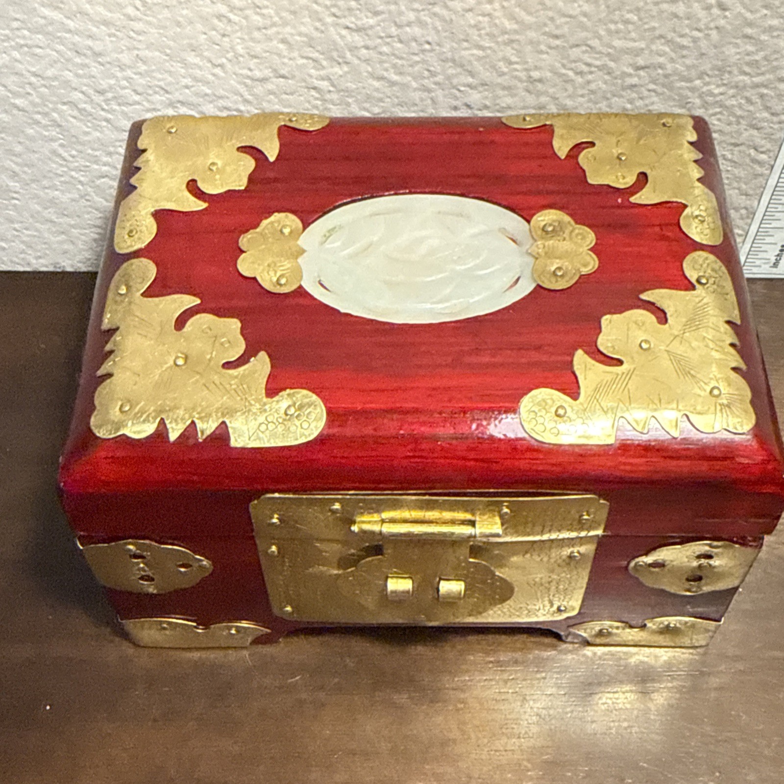 Antique Chinese White Jade & Brass Fittings Wood Jewelry Box Red Lining u-11D