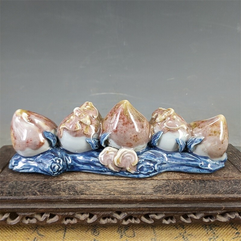 8.9″ Chinese Blue-and-white Porcelain Red Glaze Longevity Peach Pen Rack