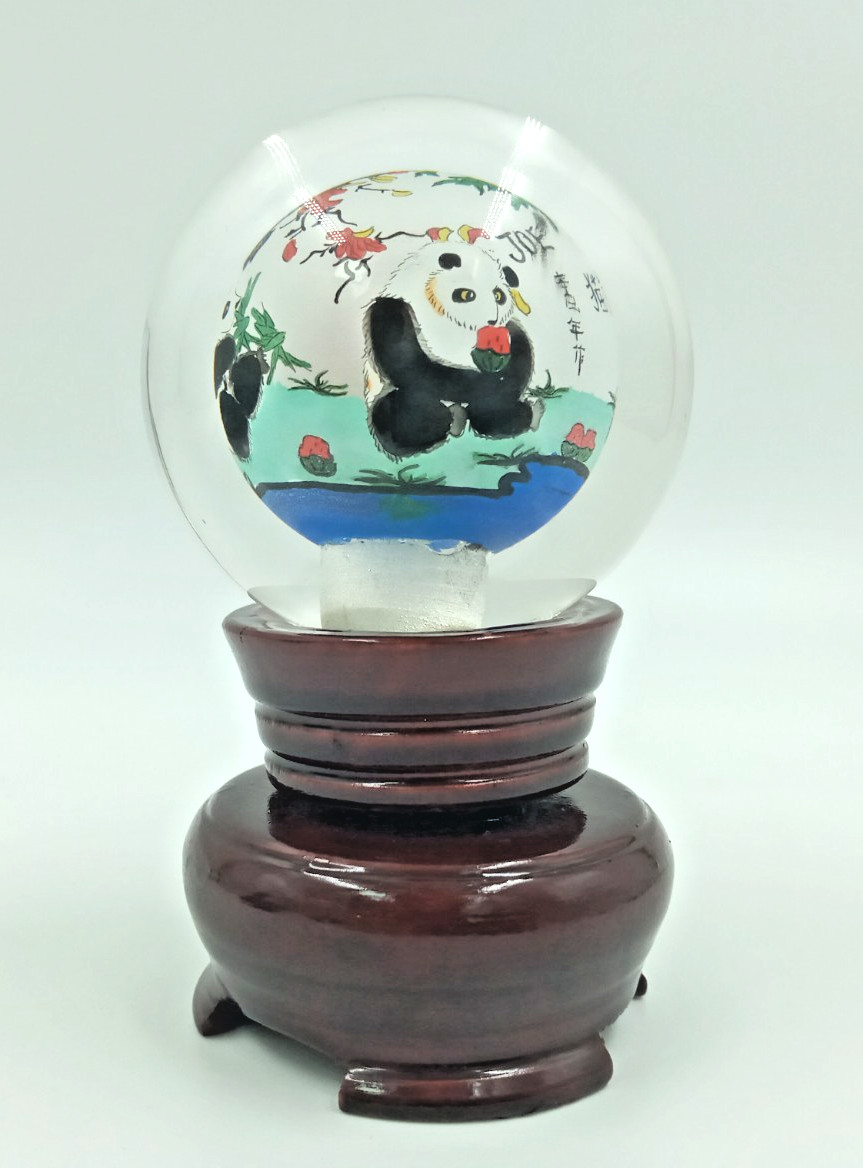 Vintage Reverse Chinese Glass Ball Pandas Paperweight Hand Painted With Stand