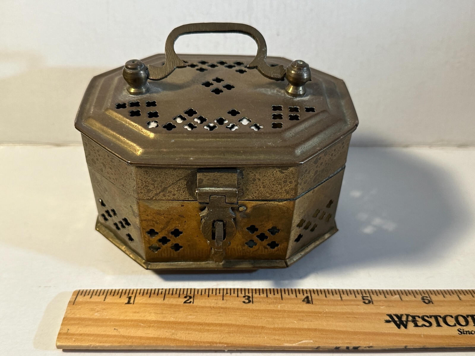 Vintage Brass pierced Cricket Cage. Trinket Box 4.5″ L x 3.25″ W x 3.5″ T