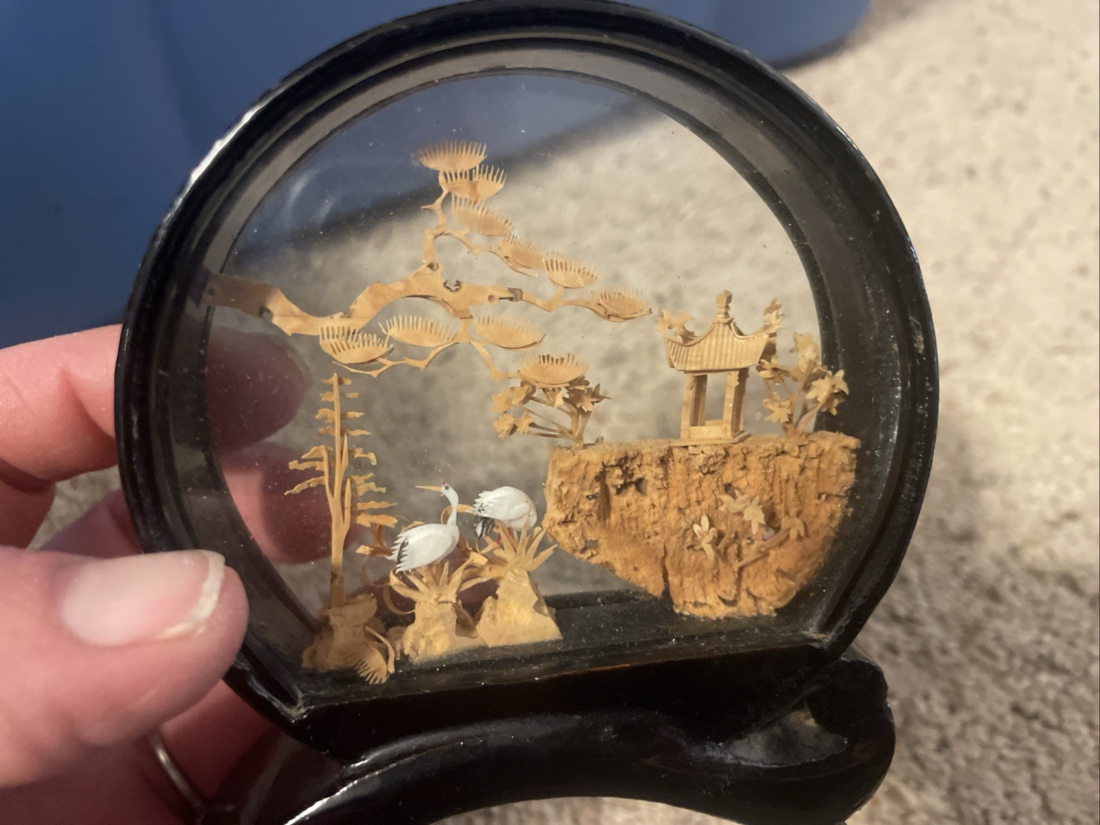 Vintage 4″ Asian Cork 3D Art Carving Pagoda Cranes Diorama Lacquer Frame