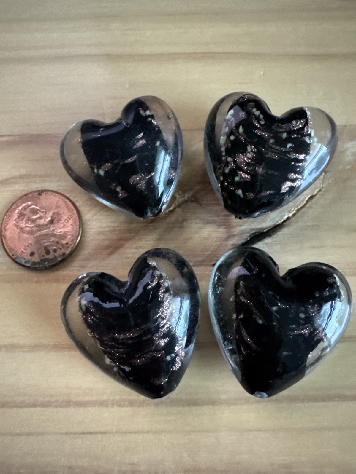 4 BLACK GOLD SAND HEART 3D Puffy 28mm LAMPWORK GLASS -jewelry beads
