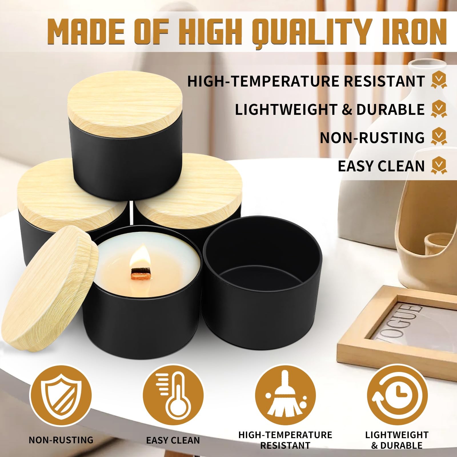 12 PCS Candle Jars 8oz Tins Metal Wood-Grain Printing Lids Empty Bulk Black
