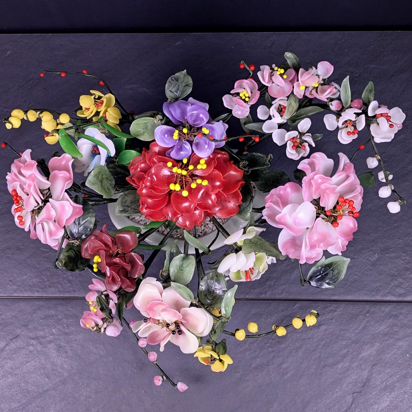 Vintage Jade Style Glass Flower Arrangement Asian Bonsai Planter Pink Red Purple