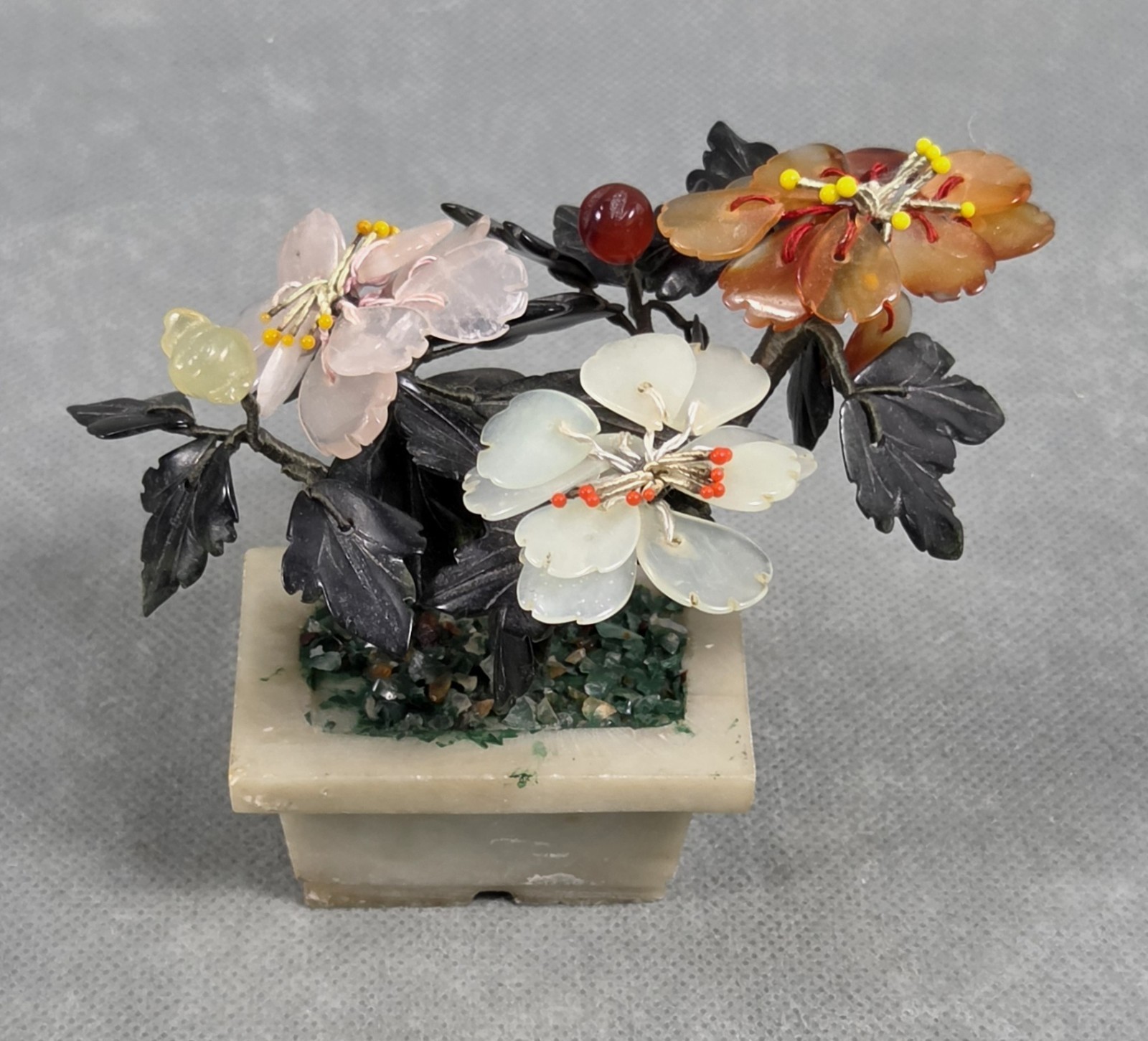 Vintage ASIAN Stone QUARTZ Glass FLOWER Carved POTTED Plant SMALL
