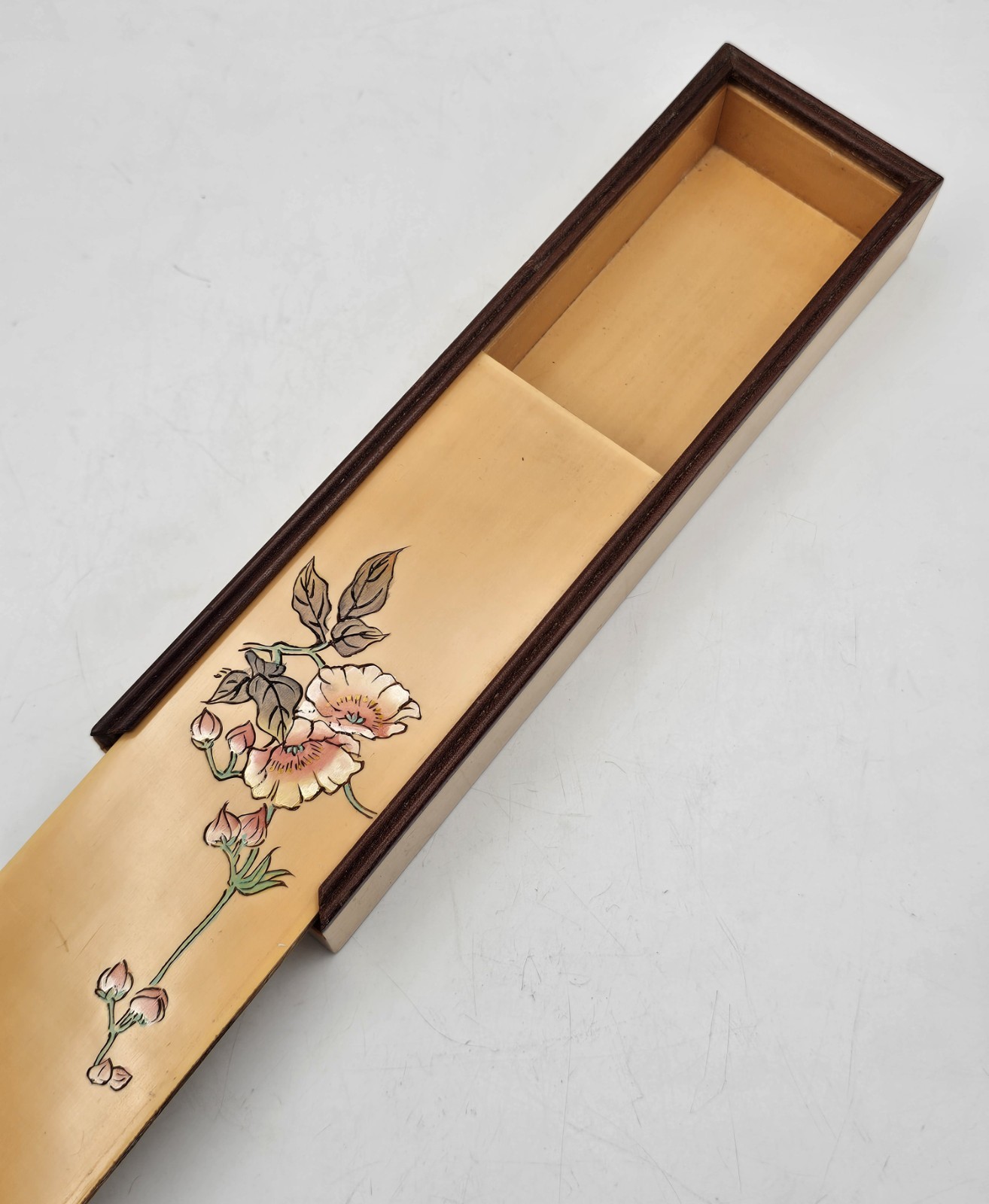 Vintage Chinese Acrylic Faux Wood Hand Painted Trinket Pencil Sliding Box GREAT!