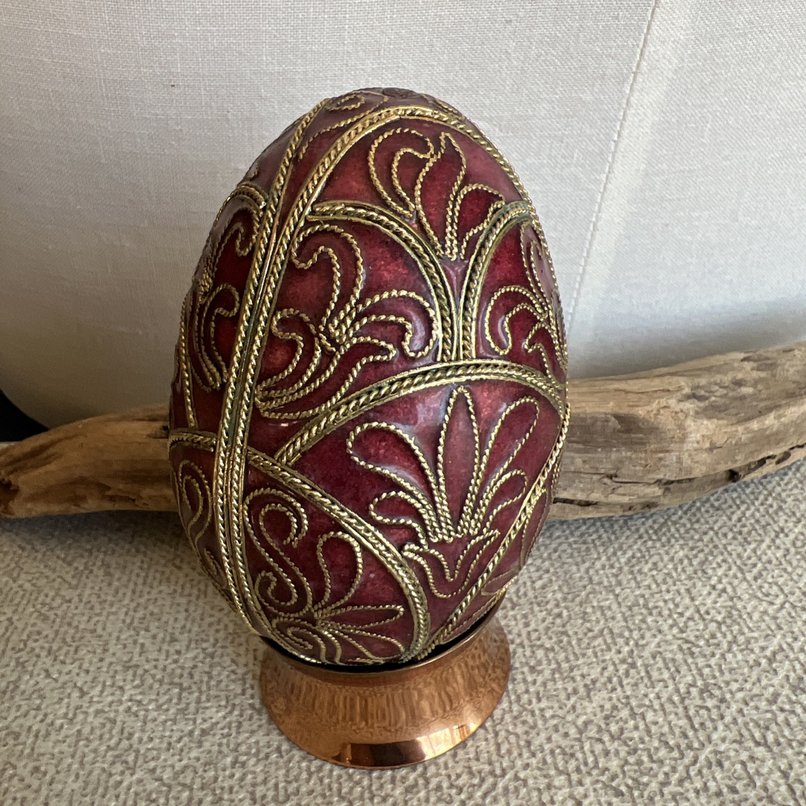 Red Enamel Cloisonné Egg Handcrafted Metalwork w/Raised Gold Wiring Collectible
