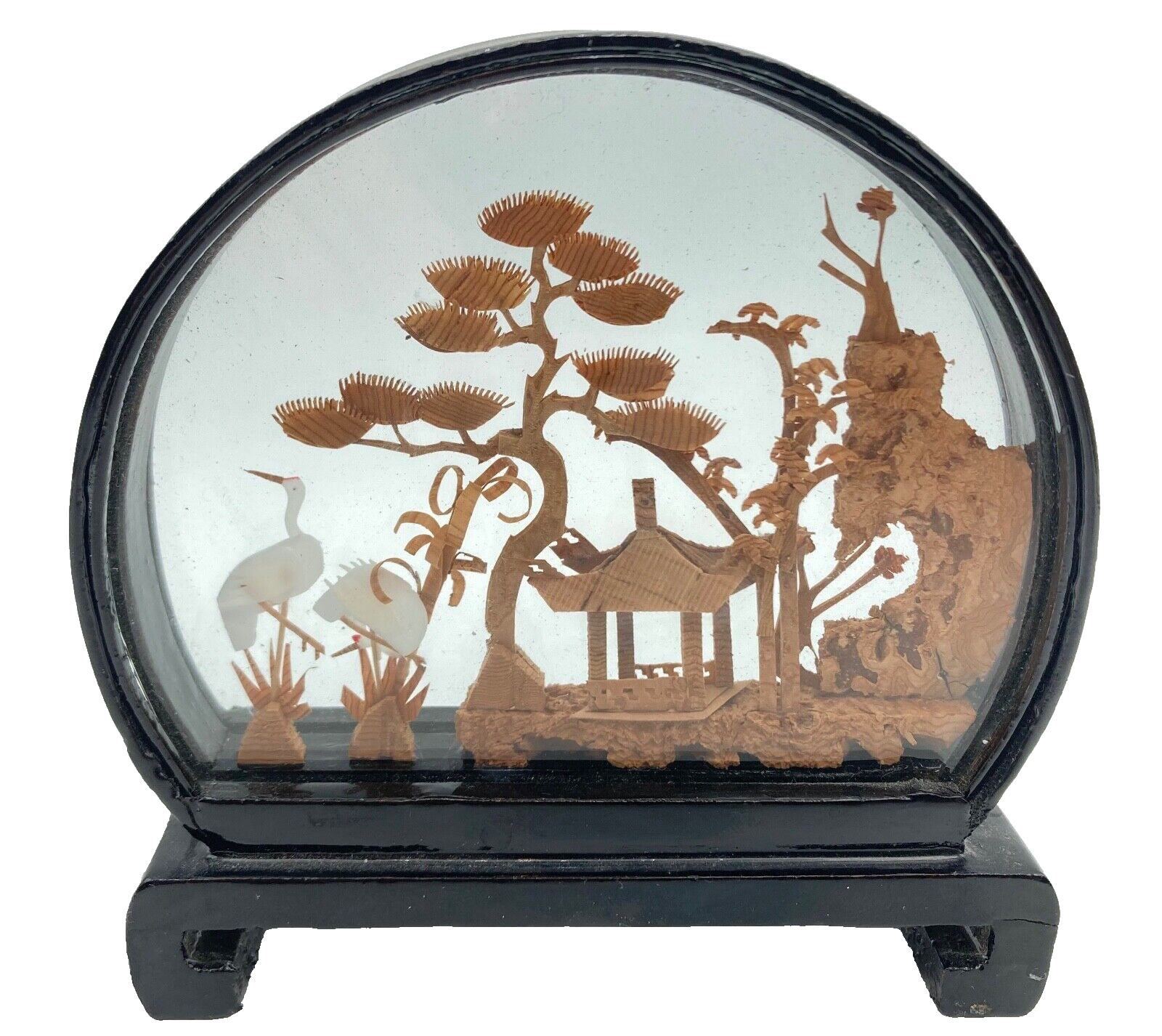 Carved Cork Diorama Vintage Hand Made Art Pagoda Cranes Trees 4″ Tall