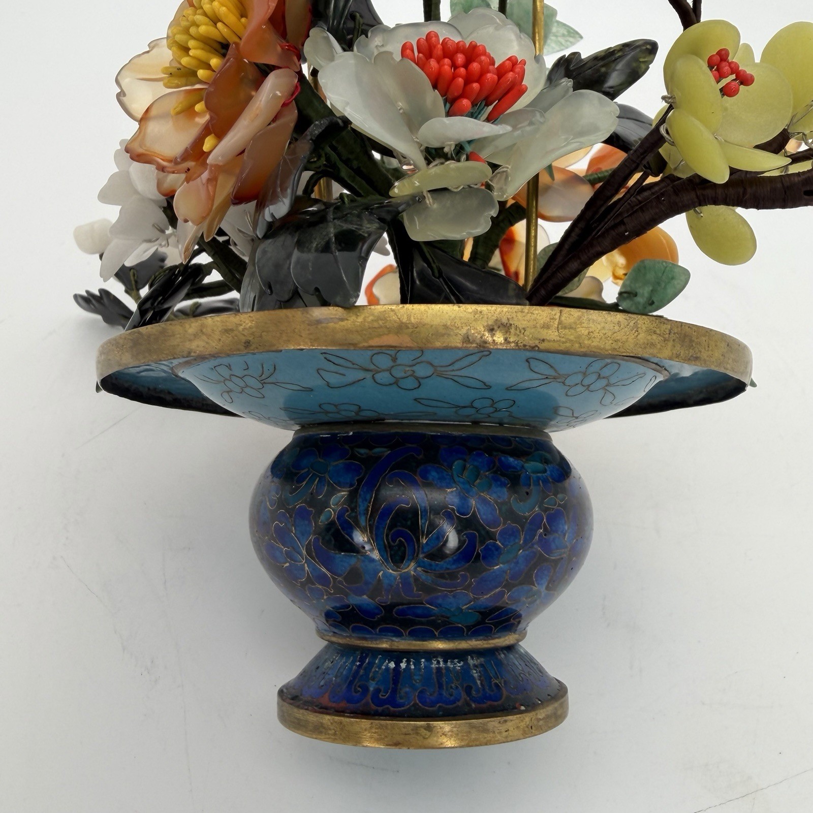 Vintage Jade Bonsai Tree Flowers Basket Cloisonné Pot 7.5” Brass Handle