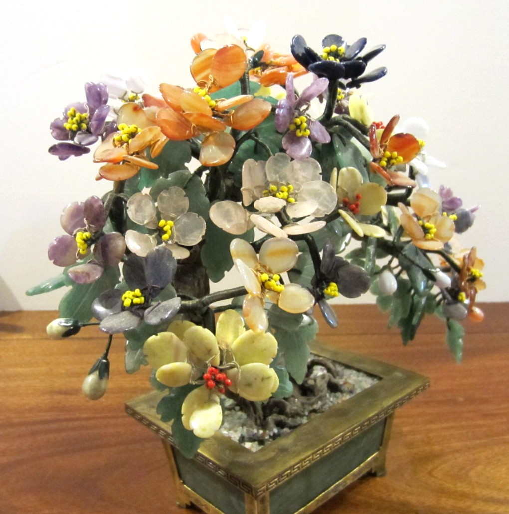 large jade/stone bonsai tree with many flowers of jade, agate, amethyst,& others