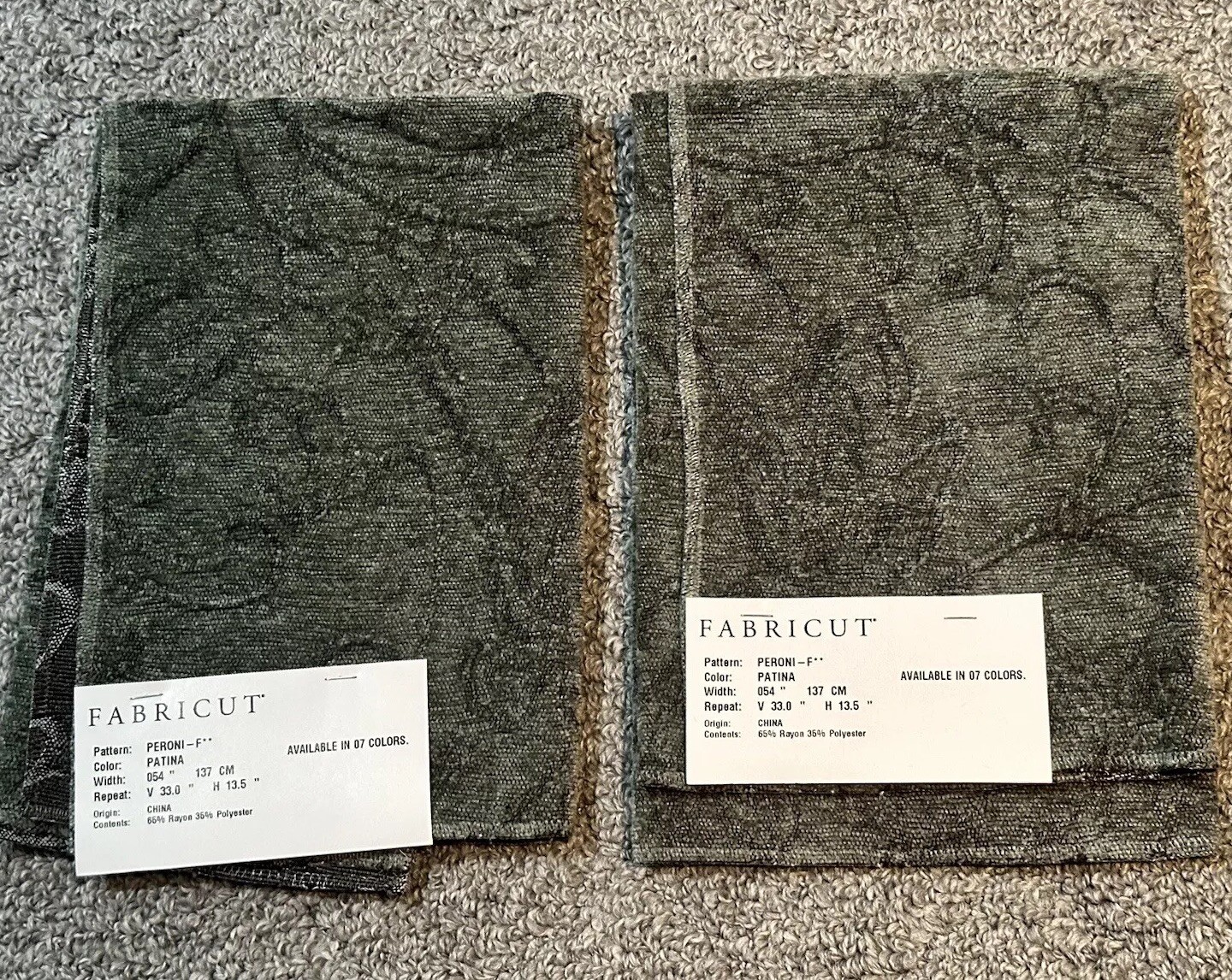 Fabricut Lot of 2 Fabric Samples Approx 17.5” Pair Peroni Patina Green Crafts