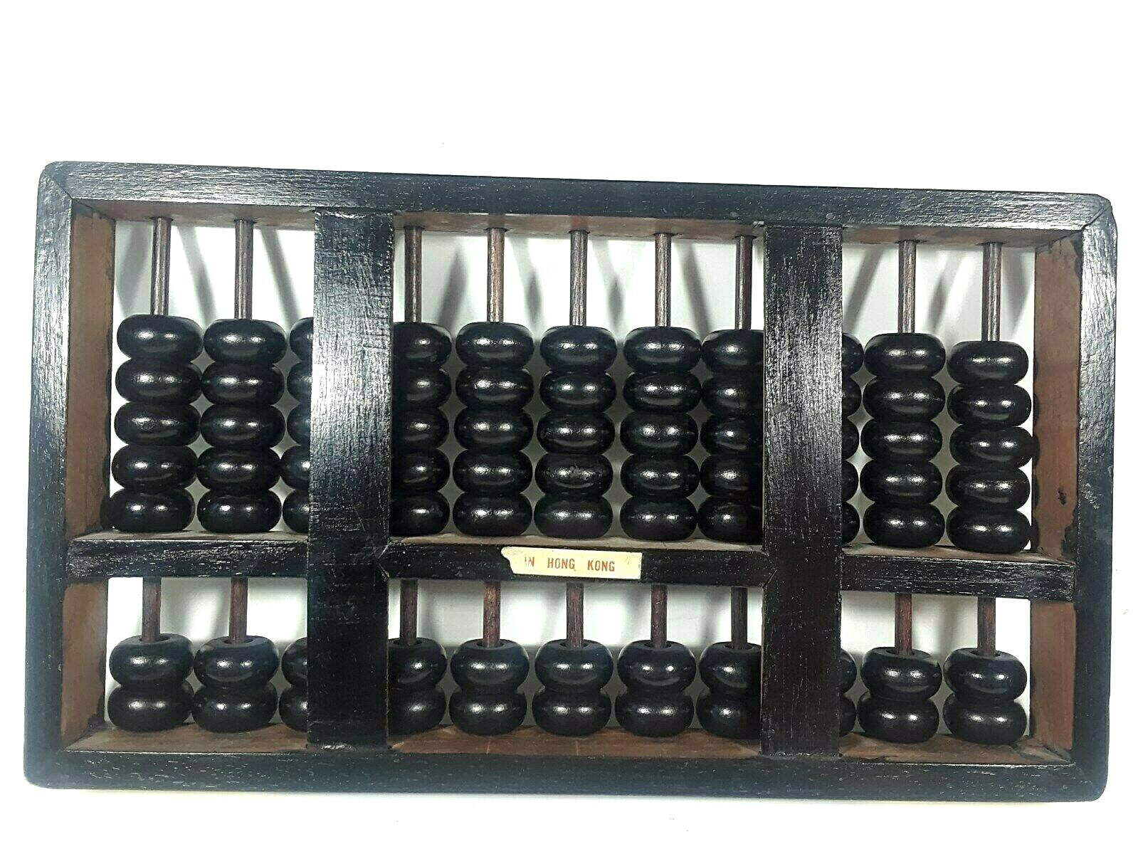 Vintage Abacus -11 RODS 77 BEADS Wood Black Painted Brass Accents Hong Kong