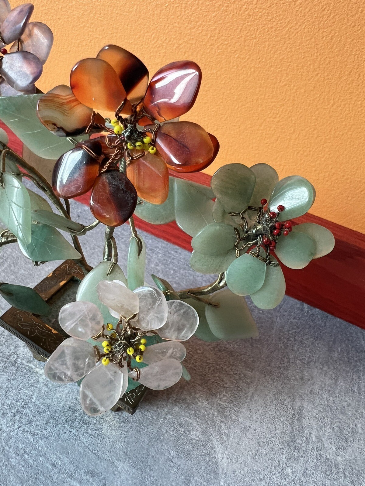 Vintage Chinese Jade Amethyst Carnelian Quartz Flowers Tree Brass Pot Marked