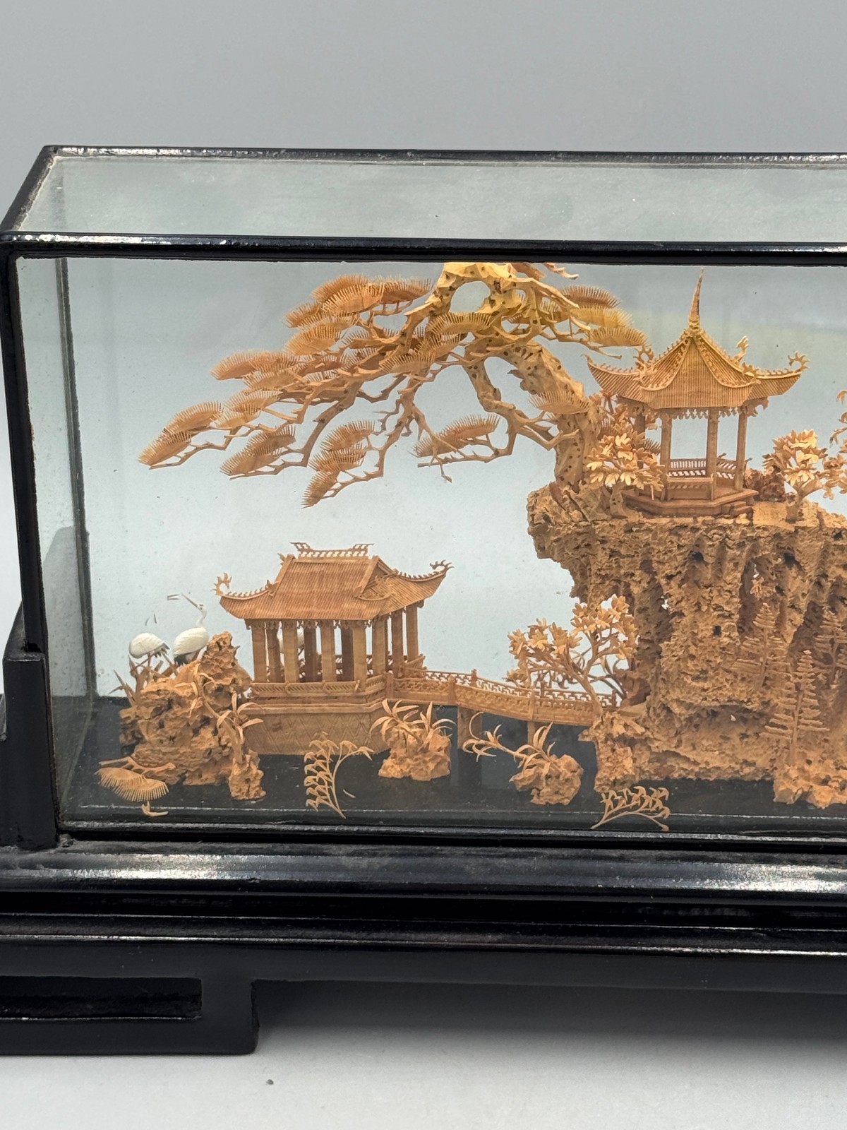 Mid 20th c. Chinese Fujian Cork Carving Landscape Diorama, Glass Display Case