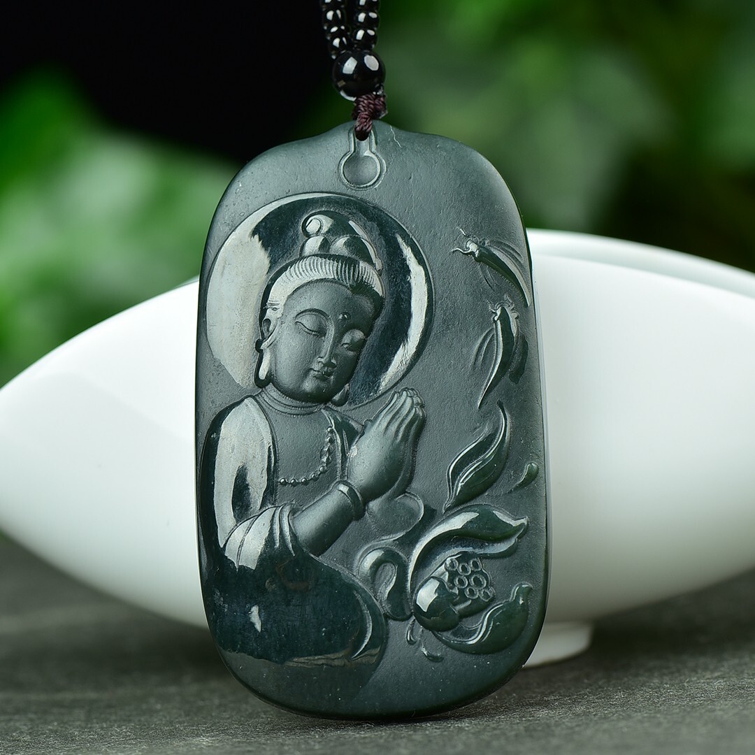 Chinese Hetian Gray Jade Hand Carving Buddhism Lotus Flower Kwan-yin Pendant