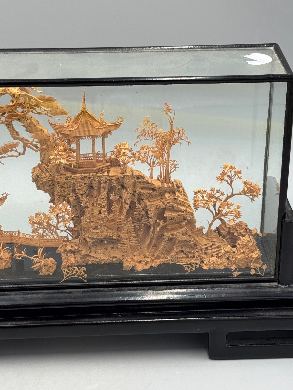 Mid 20th c. Chinese Fujian Cork Carving Landscape Diorama, Glass Display Case