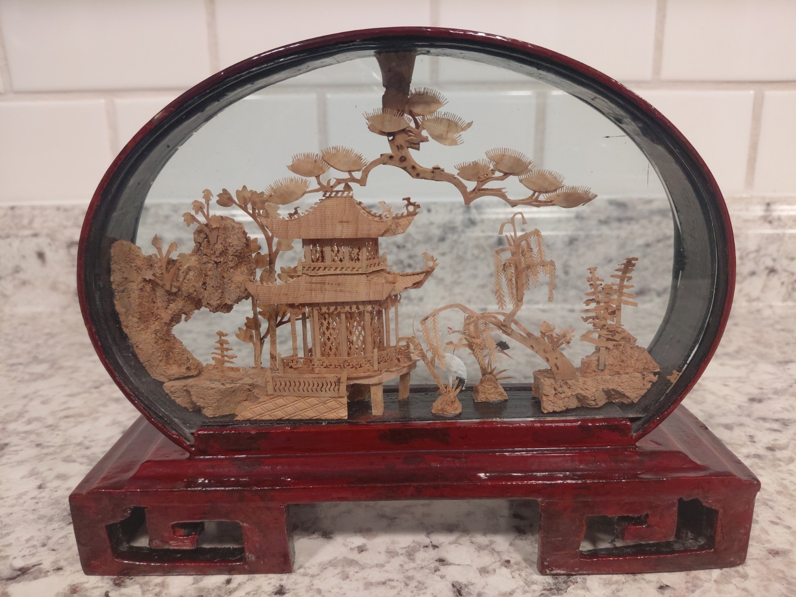 Vintage Oval Chinese Cork Art Diorama Shadow Box Pagoda Cranes Scene Glass Frame
