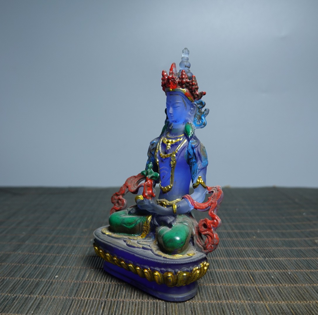 5.1″ Collect Coloured Glaze Painted Tibetan Buddhism Longevity Buddha Sit Statue
