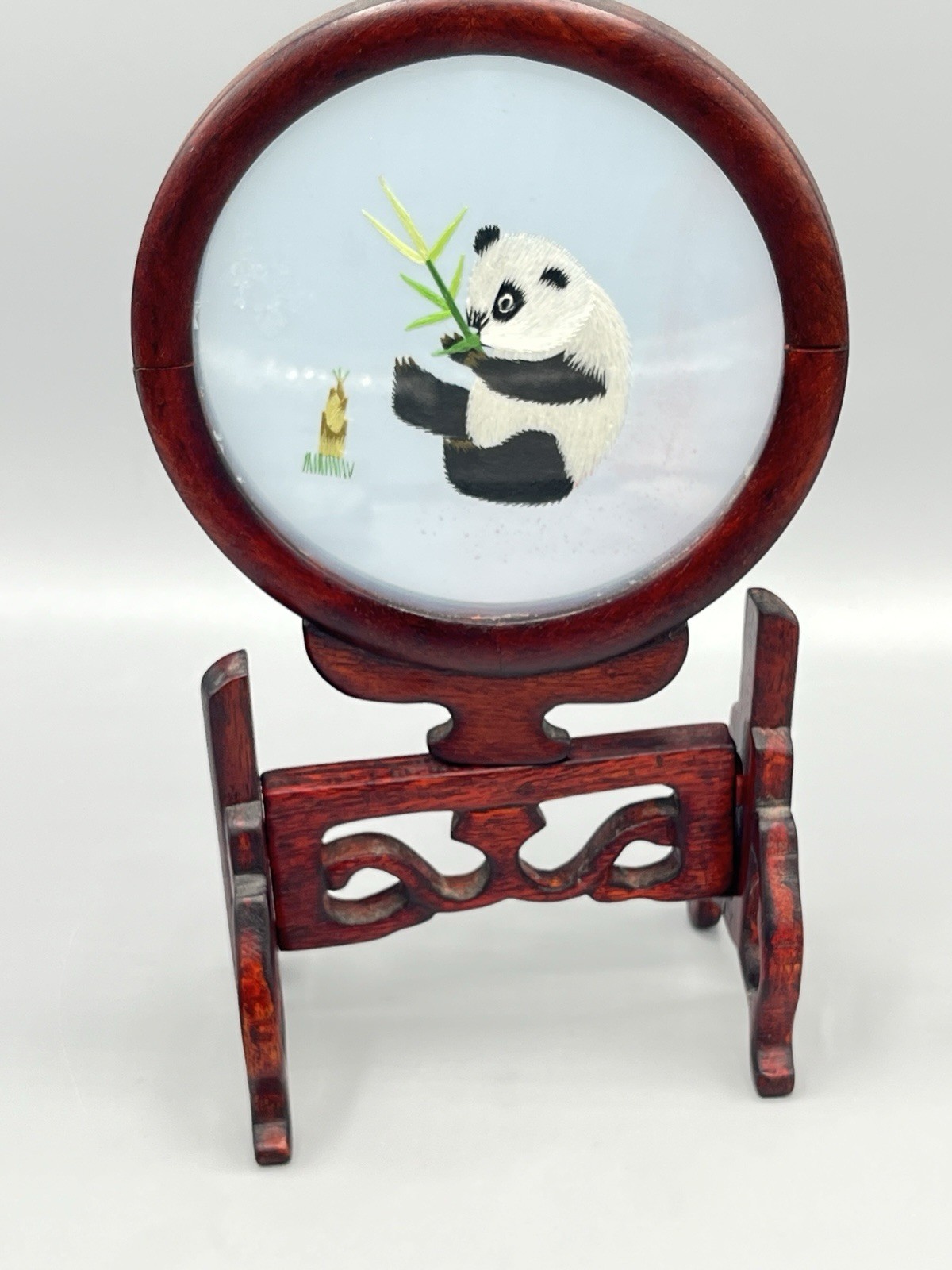 ASIAN Chinese Panda Double Sided Silk Embroidery Wooden Screen – Read