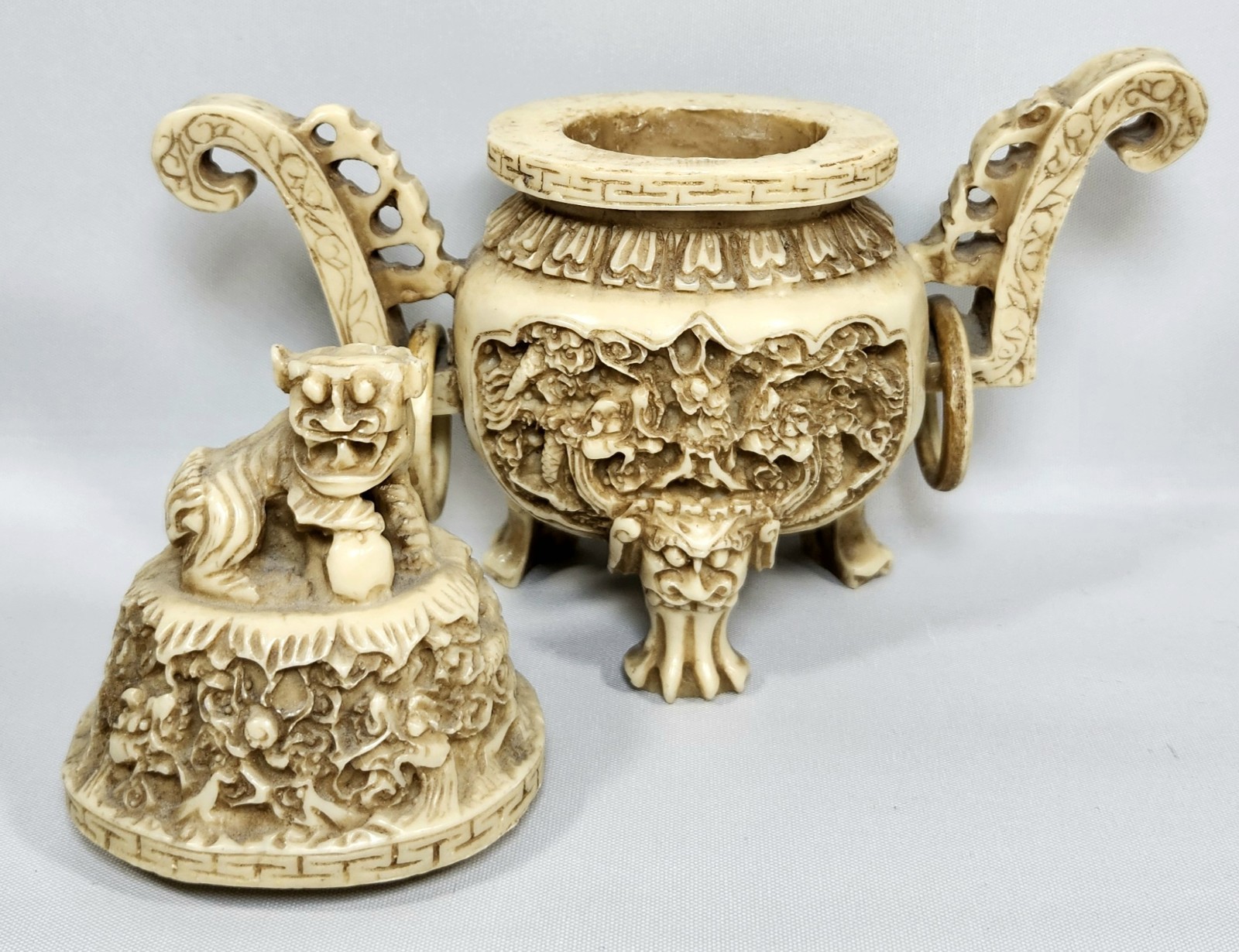 Vintage Chinese Dragon Carved Incense Burner with Lid | Resin? 5.5″