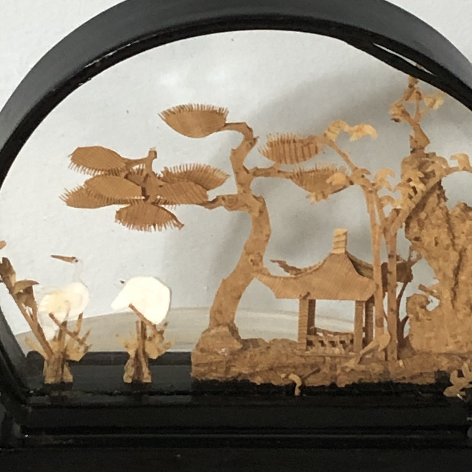 Chinese Hand Carved Cork Diorama Trees Birds House 3D Glass Dark Wood Frame Art
