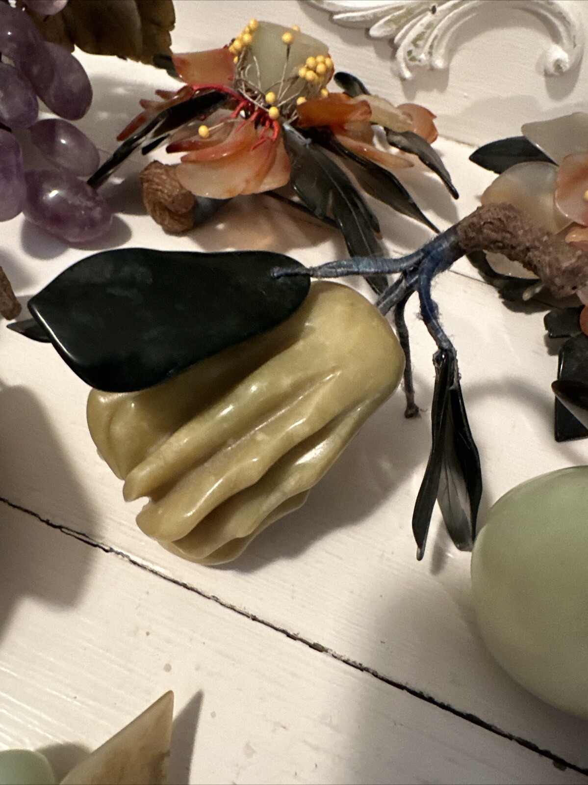 Group Chinese Carved Jade, Agate, Rose Quartz Gemstone Flowers Fruits Vegetables