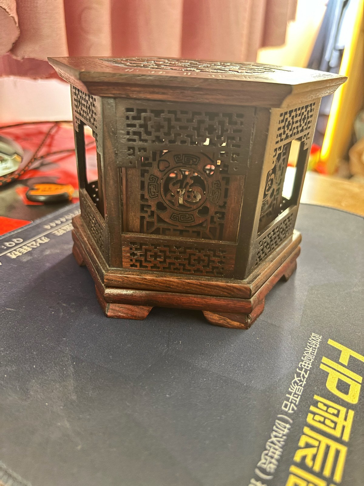 Red Rosewood Incense Burner Hexagonal Hollow Double Layer Wood Censer 10×13.5cm