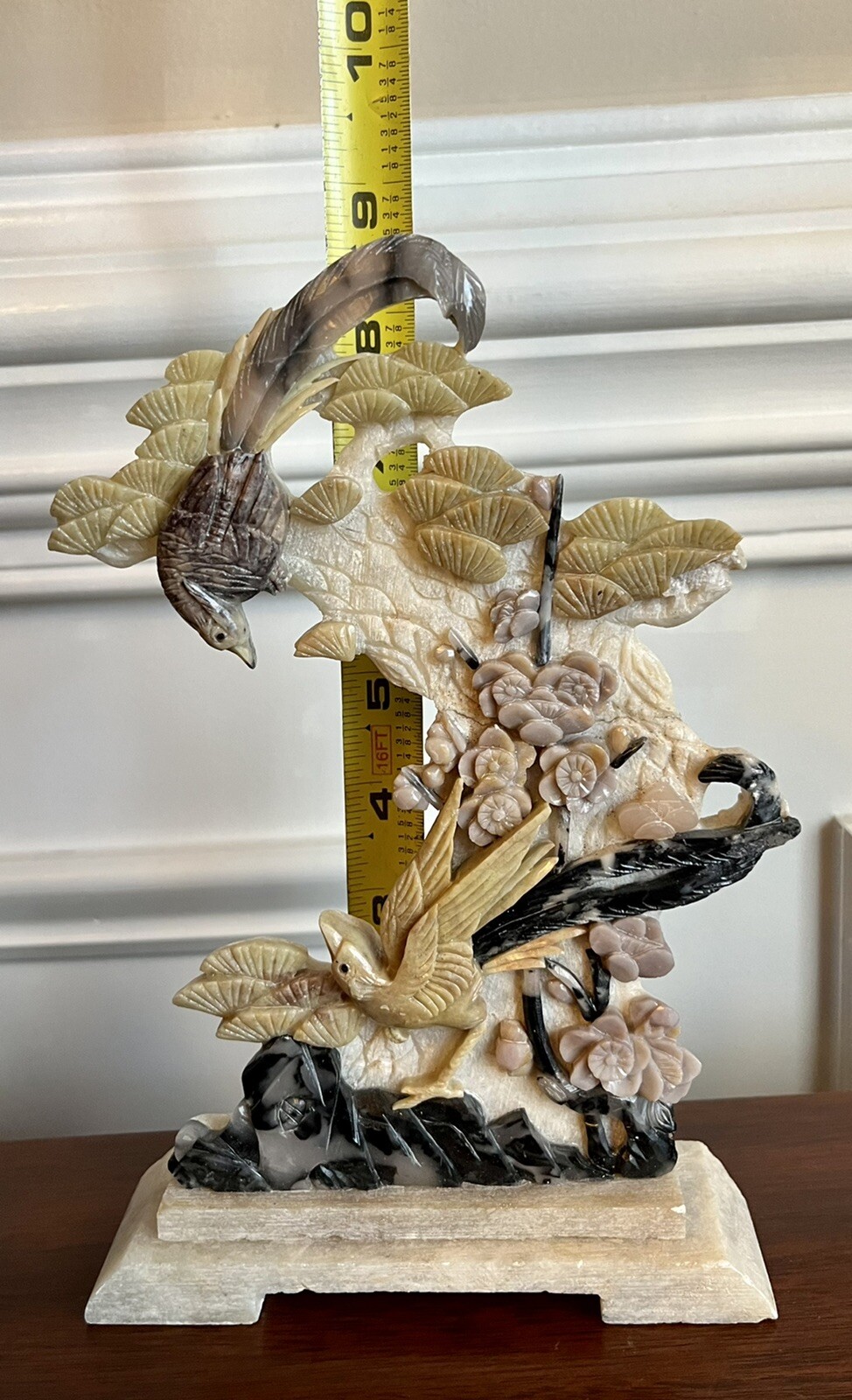 Vintage 9” Carved MultiColor JADE Birds & Flowers Sculpture Statue Display Asian