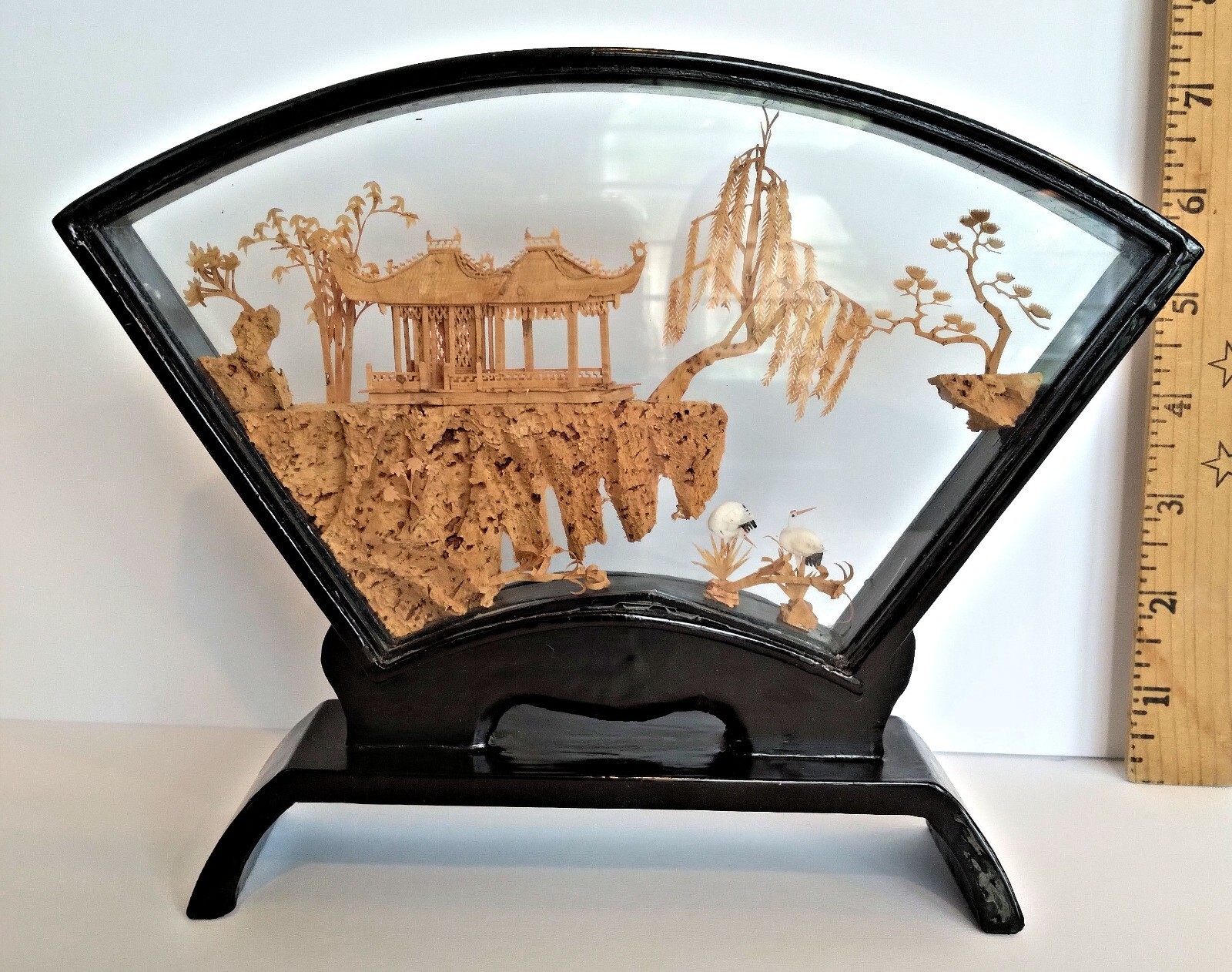 Chinese Hand-Carved Cork in Glass Shadow Box (On Display for Many Years)