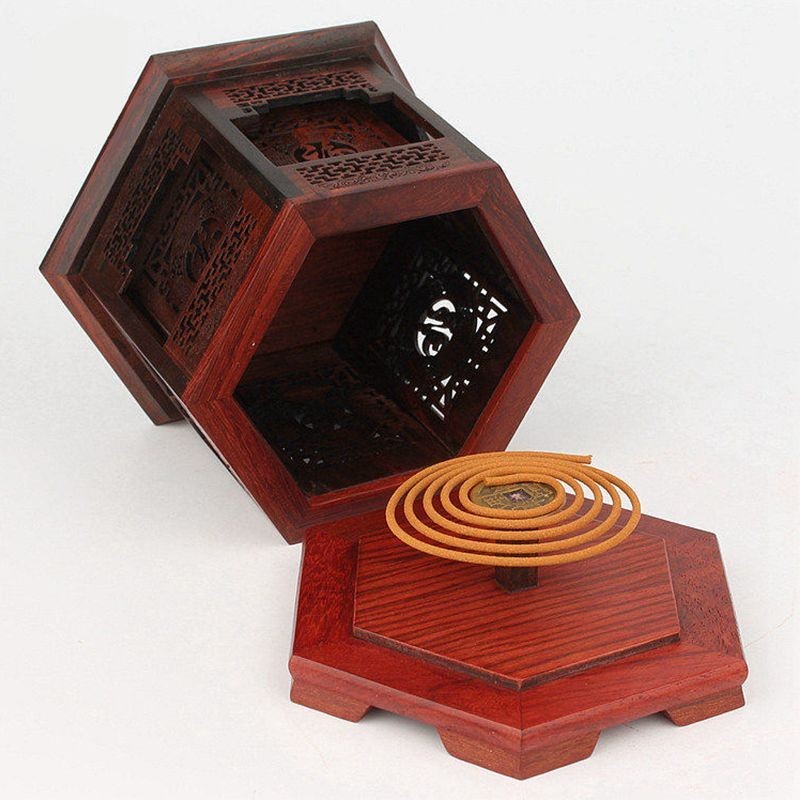 Red Rosewood Incense Burner Hexagonal Hollow Double Layer Wood Censer 10×13.5cm
