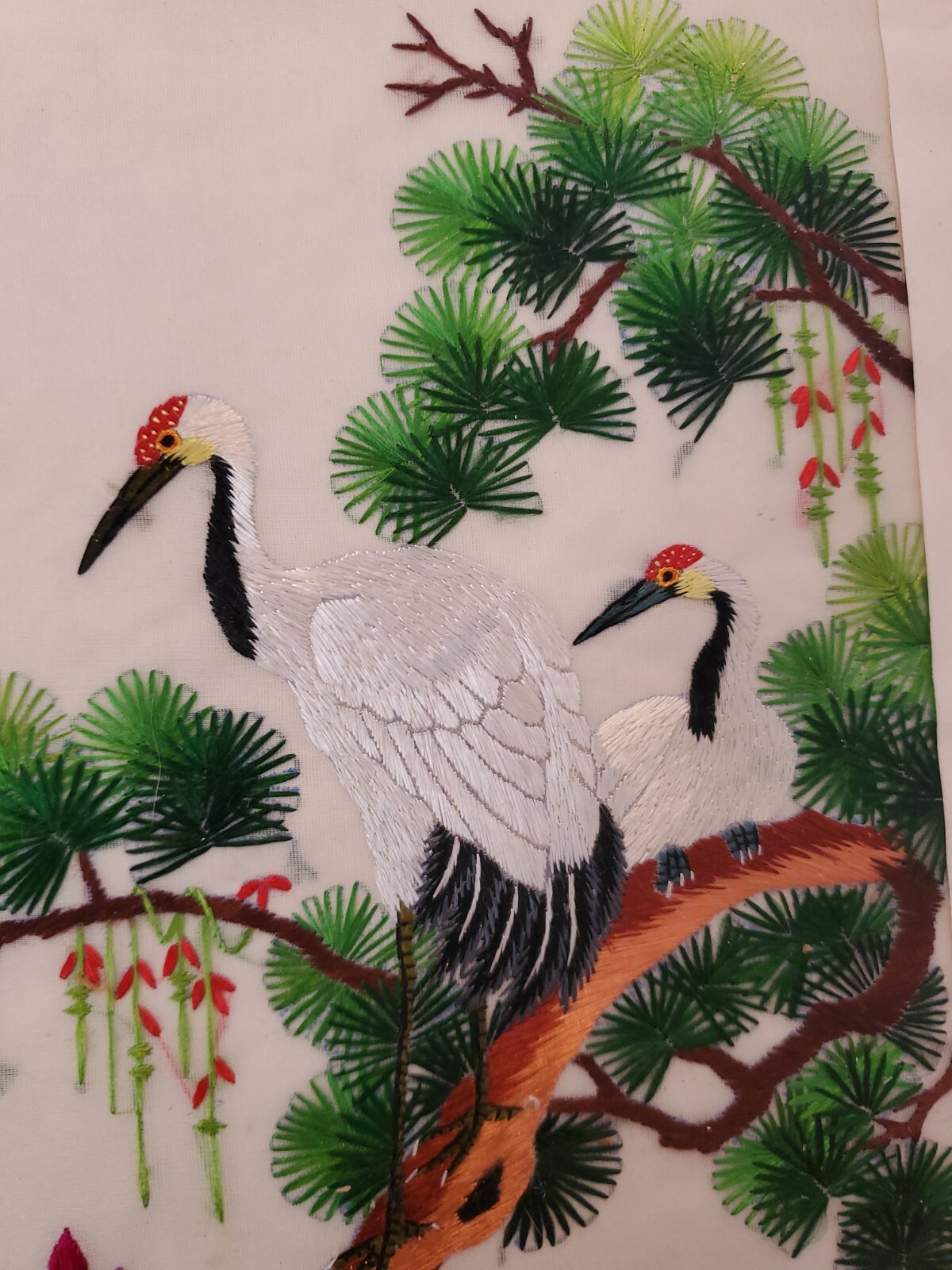 Asian Oriental Silk Art Embroidery ~ CRANE in PINE ~ 12”x 16” ~ Unframed