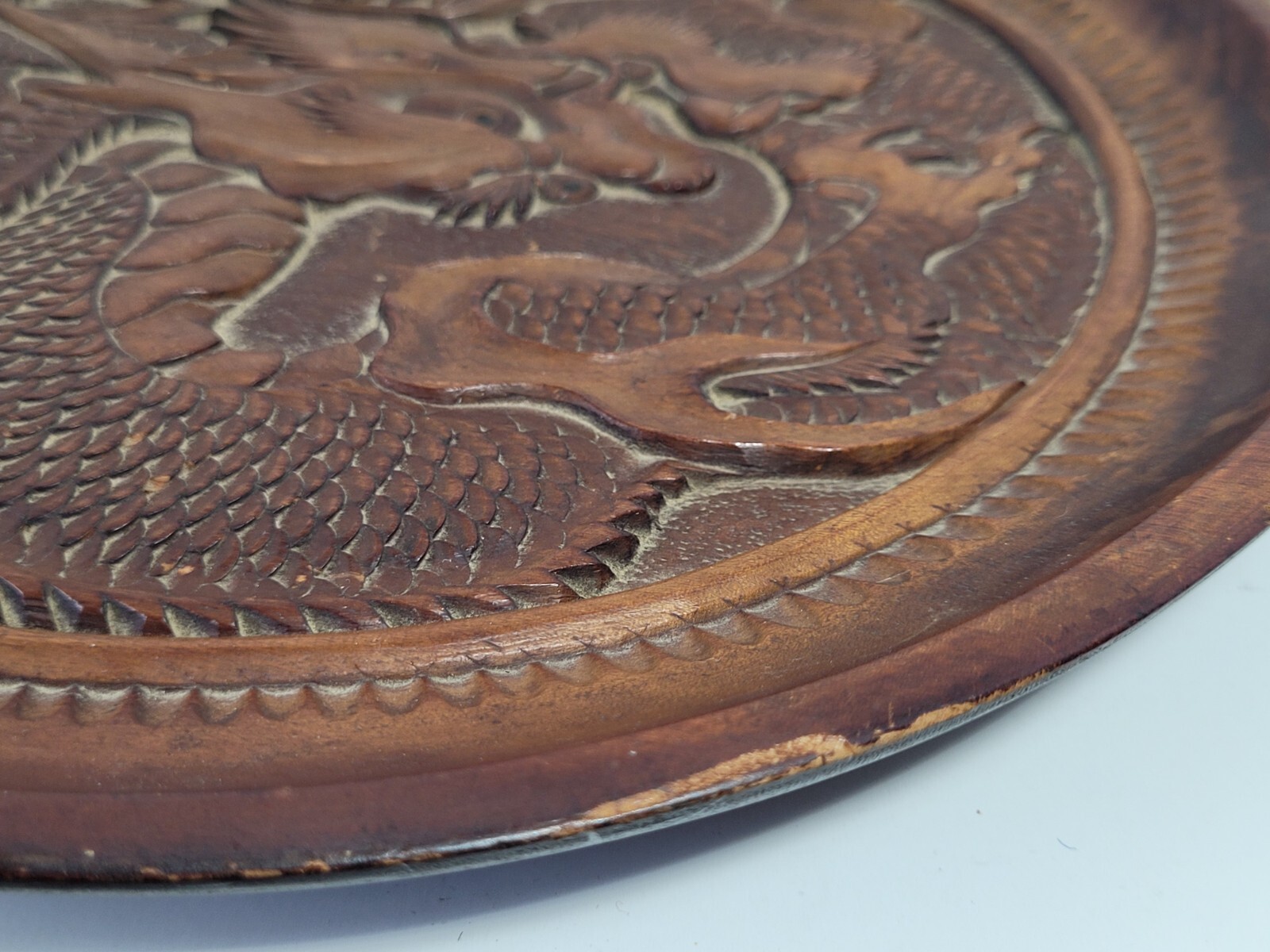 Vintage Carved Wooden Dragon Plaque Plate Chinese Decor Asian Oriental
